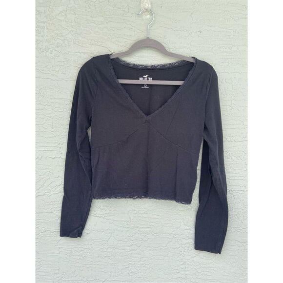 Hollister Tops - Hollister Women's Black Lace Trim Long Sleeve Crop Top Standard Size L